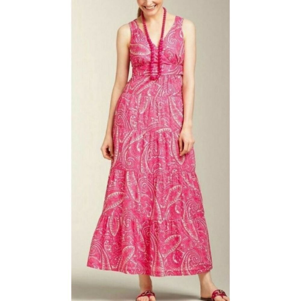 Talbots Tiered Midi Dress Sleeveless Pink Paisley Floral Cotton petite sz 14P